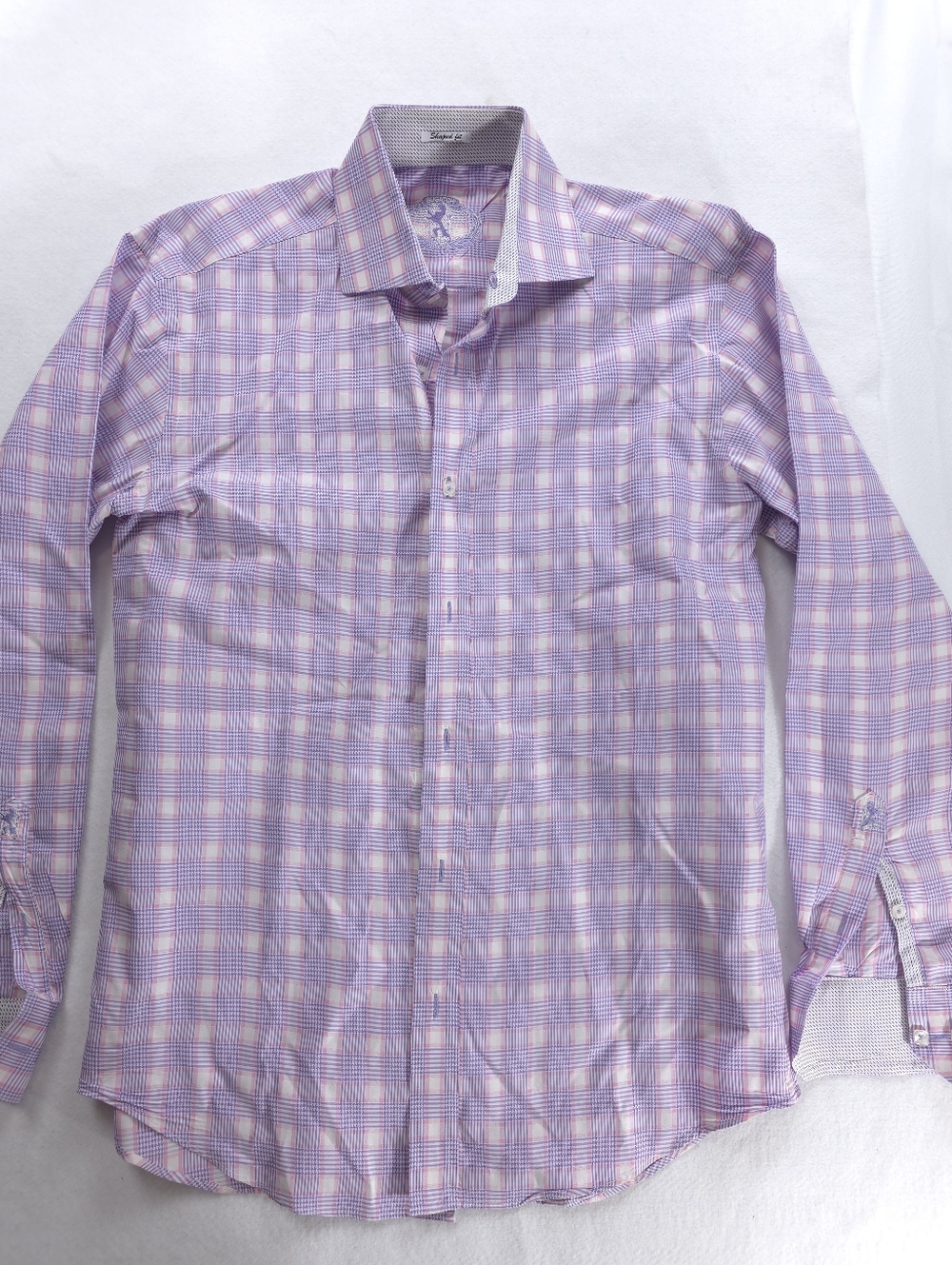 Bugatchi Shaped Fit Dress Shirt Mens Medium Purple Pink Plaid Long Sleeve Button